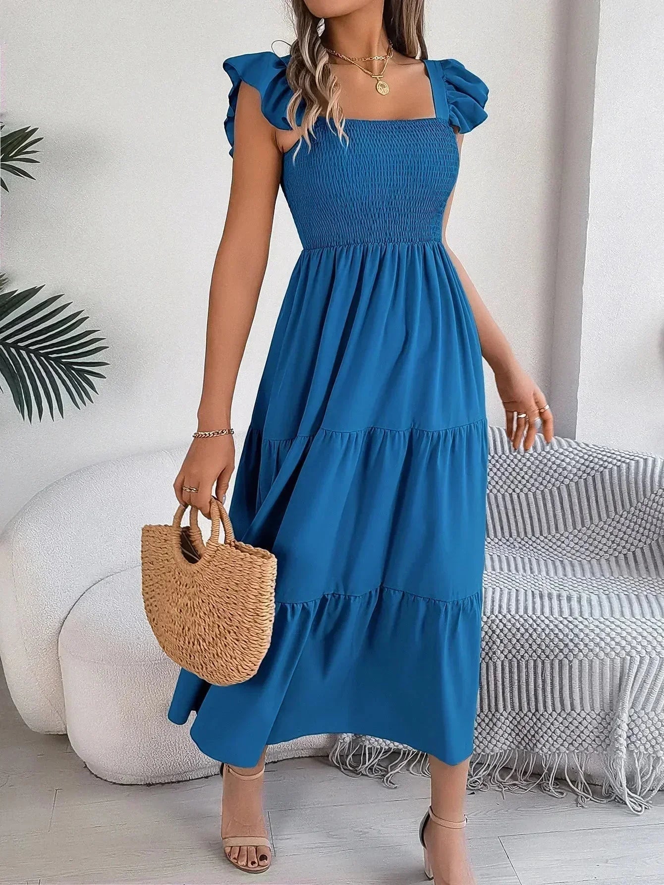 Vestido largo mujer con nido de abeja, volantes y mangas cortas