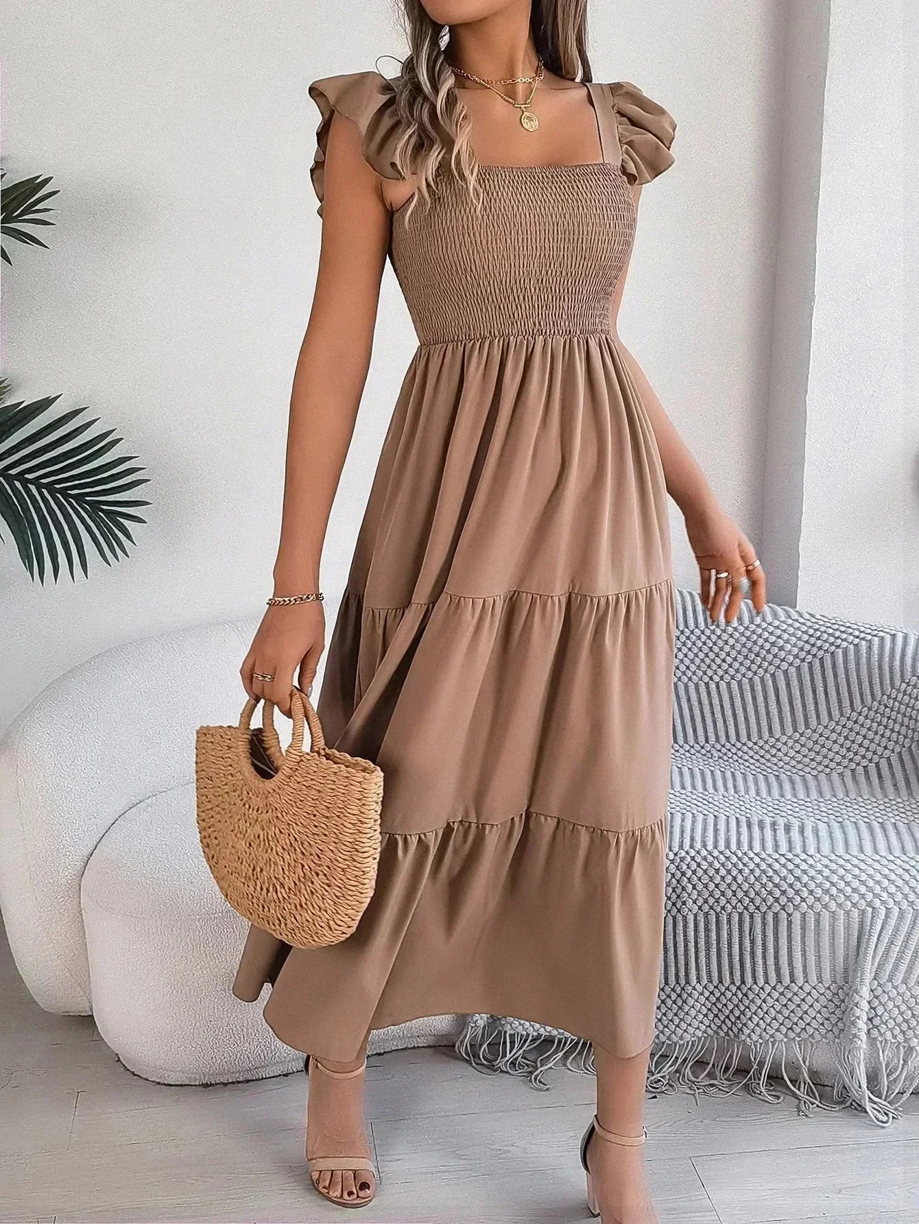 Vestido largo mujer con nido de abeja, volantes y mangas cortas