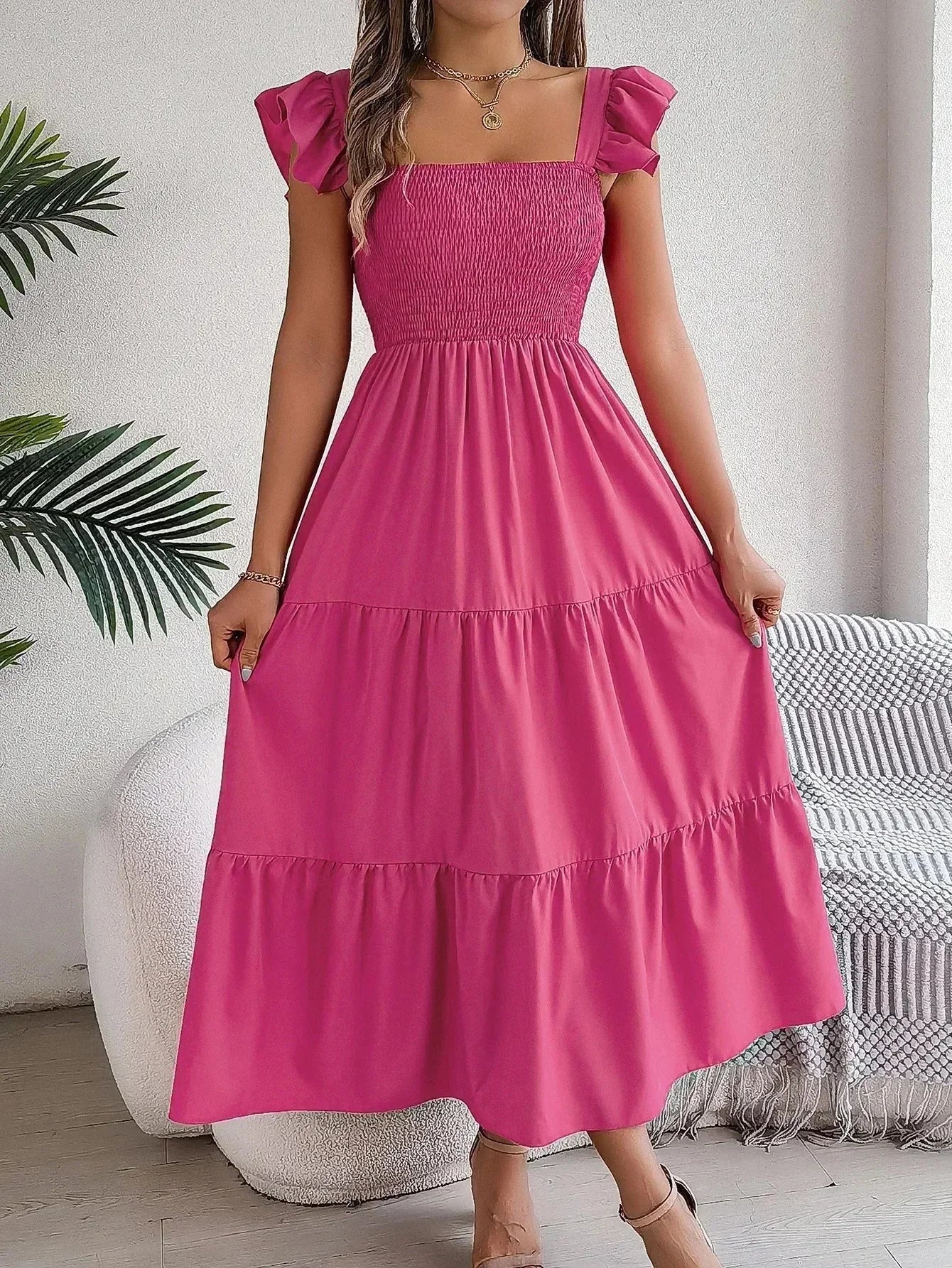 Vestido largo mujer con nido de abeja, volantes y mangas cortas