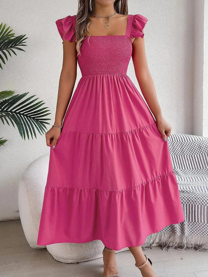 Vestido largo mujer con nido de abeja, volantes y mangas cortas