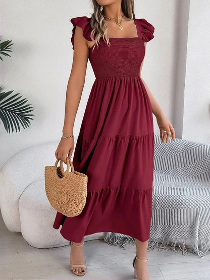 Vestido largo mujer con nido de abeja, volantes y mangas cortas