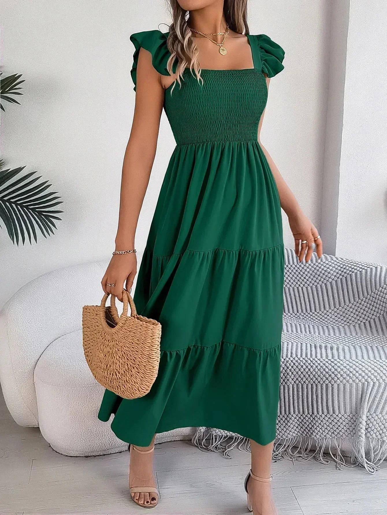 Vestido largo mujer con nido de abeja, volantes y mangas cortas