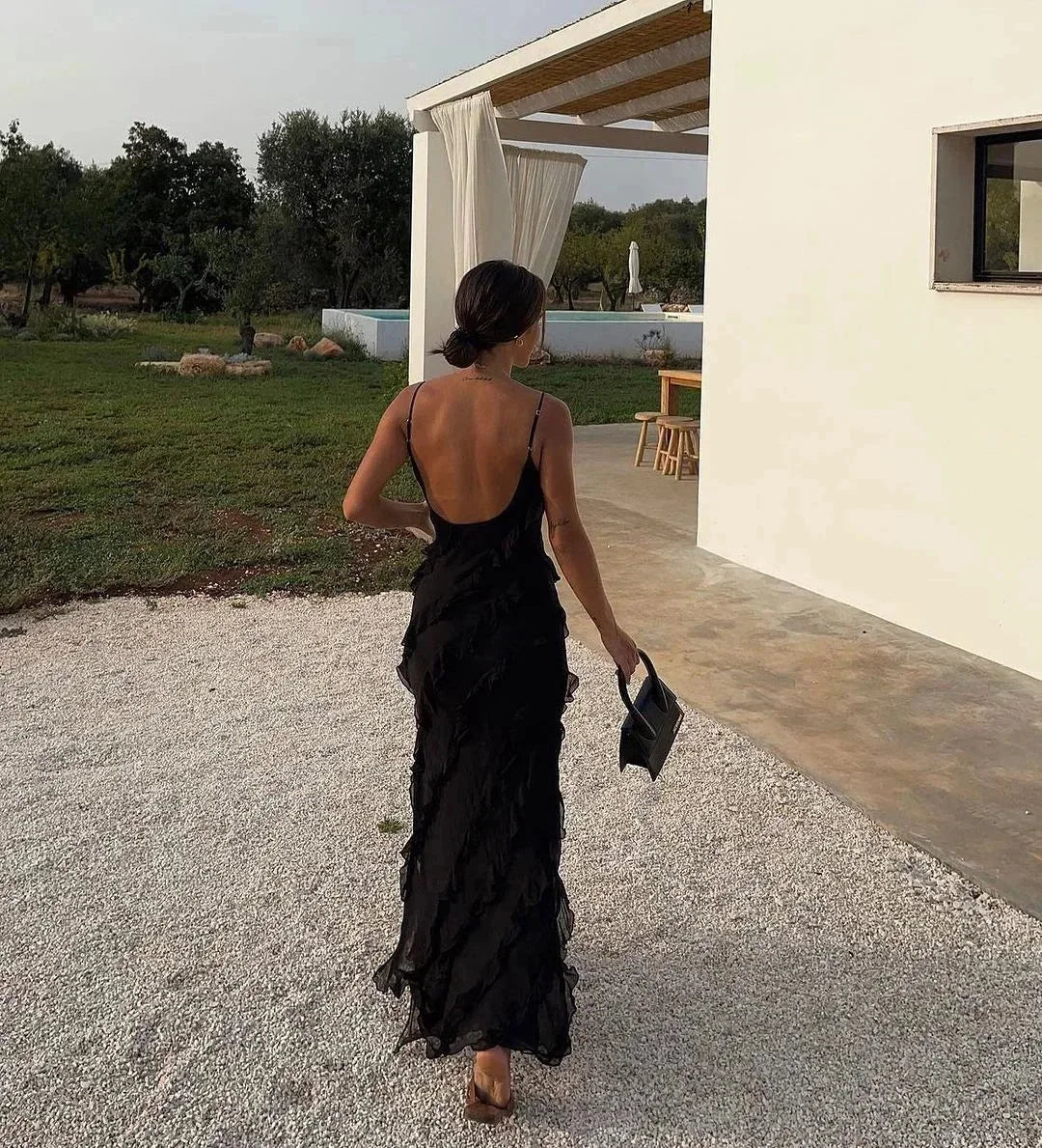 Vestido largo de noche para mujer con tirantes y volantes