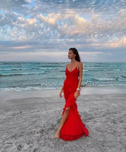 Vestido largo de noche para mujer con tirantes y volantes