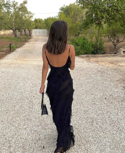 Vestido largo de noche para mujer con tirantes y volantes