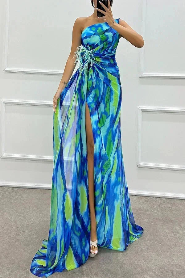 Vestido largo mujer de noche estampado con abertura y tirante
