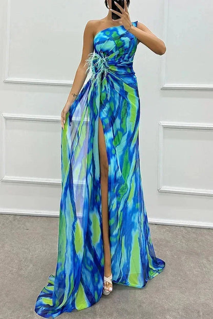 Vestido largo mujer de noche estampado con abertura y tirante