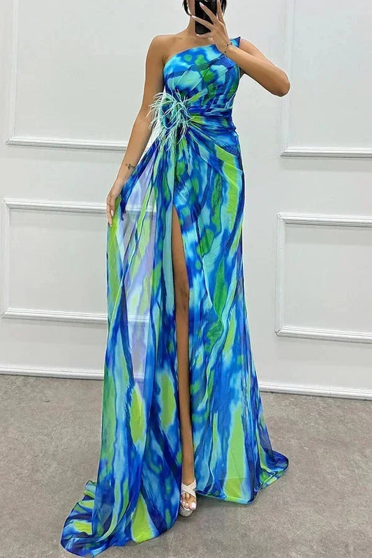 Vestido largo mujer de noche estampado con abertura y tirante
