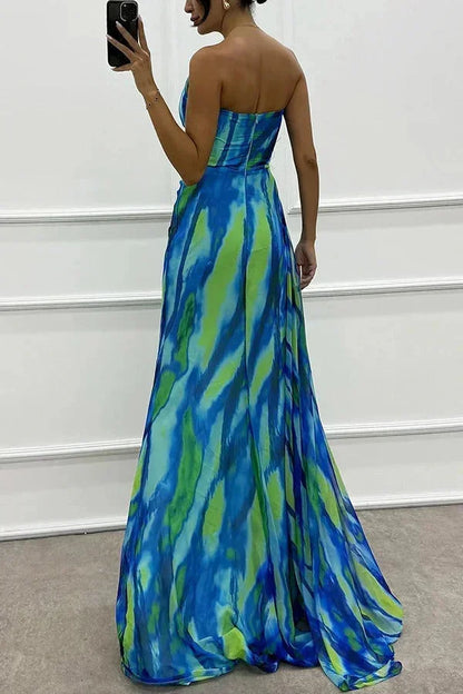 Vestido largo mujer de noche estampado con abertura y tirante