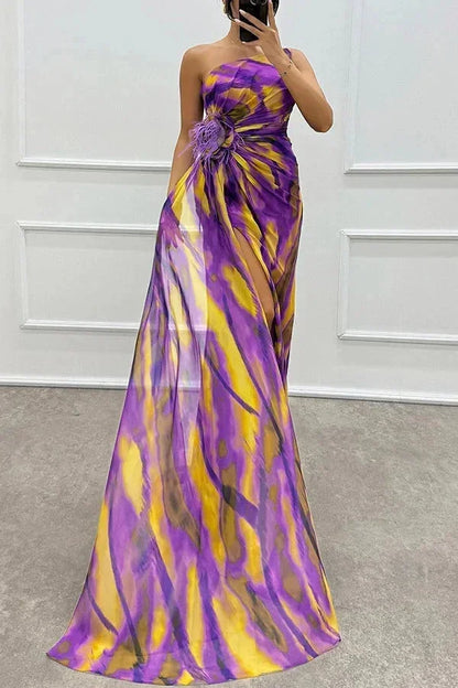 Vestido largo mujer de noche estampado con abertura y tirante