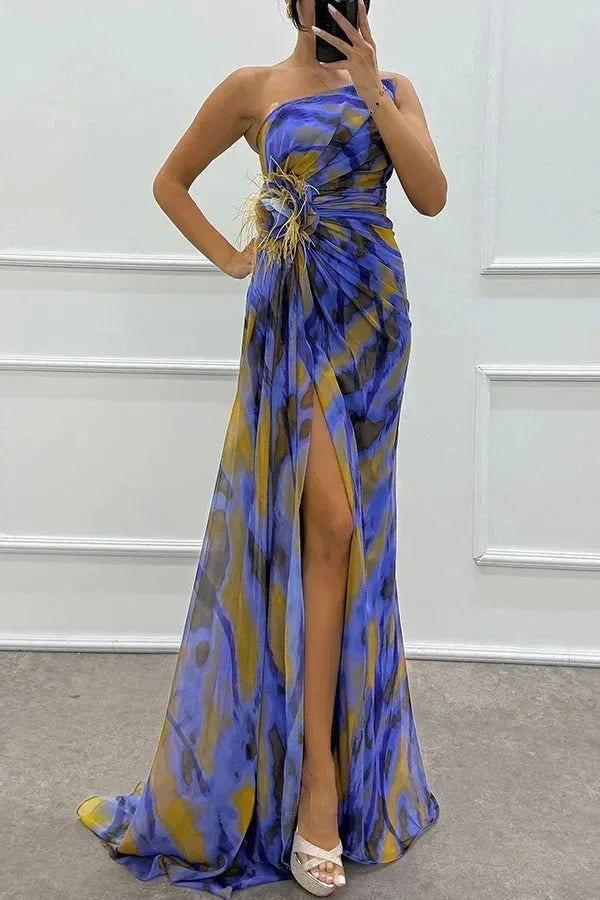 Vestido largo mujer de noche estampado con abertura y tirante
