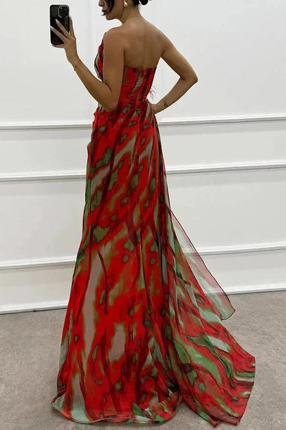 Vestido largo mujer de noche estampado con abertura y tirante