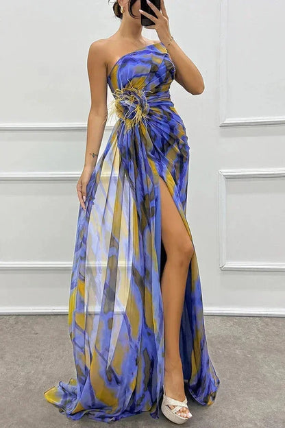 Vestido largo mujer de noche estampado con abertura y tirante