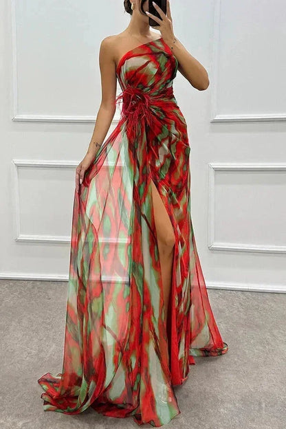 Vestido largo mujer de noche estampado con abertura y tirante