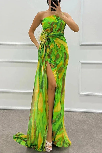 Vestido largo mujer de noche estampado con abertura y tirante