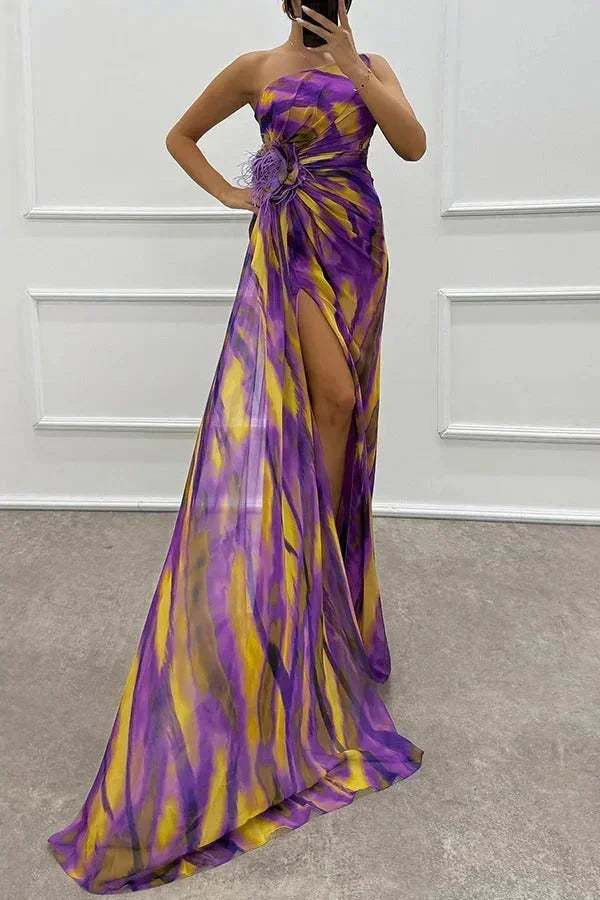 Vestido largo mujer de noche estampado con abertura y tirante