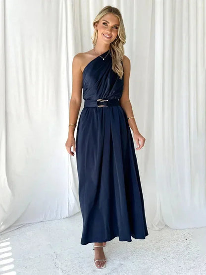 Vestido largo mujer de un Hombro con cinturón