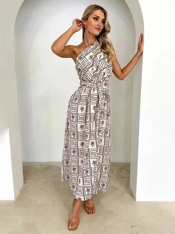 Vestido largo mujer de un Hombro con cinturón