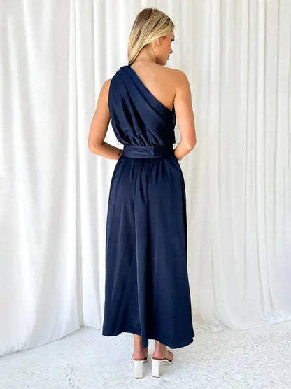 Vestido largo mujer de un Hombro con cinturón