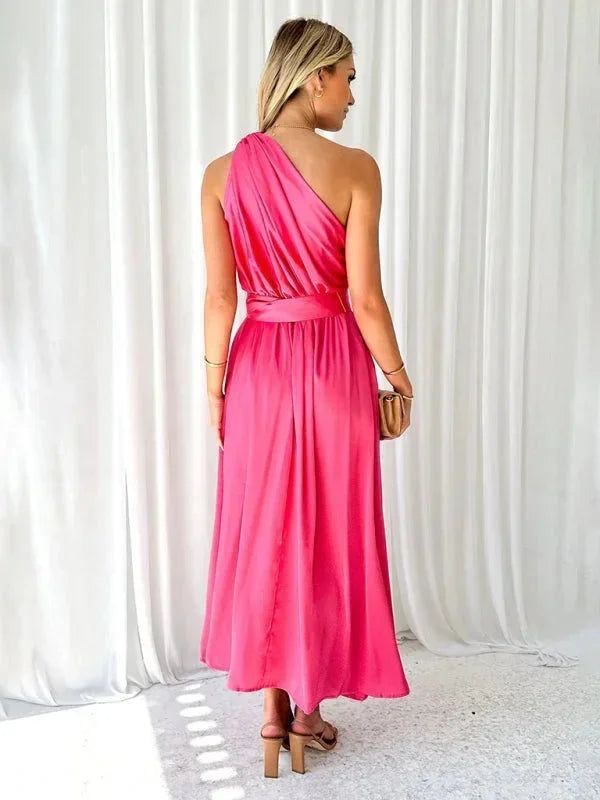 Vestido largo mujer de un Hombro con cinturón