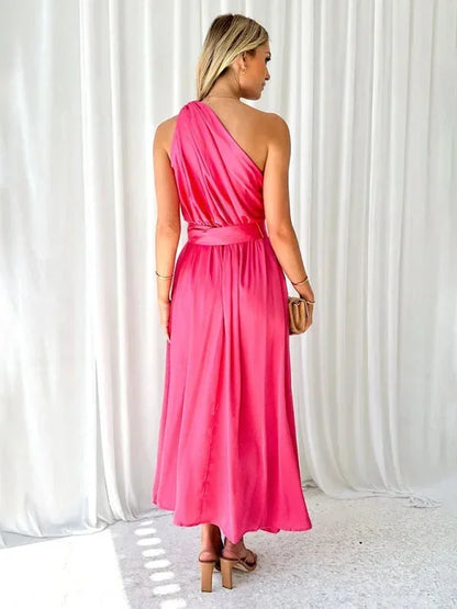 Vestido largo mujer de un Hombro con cinturón