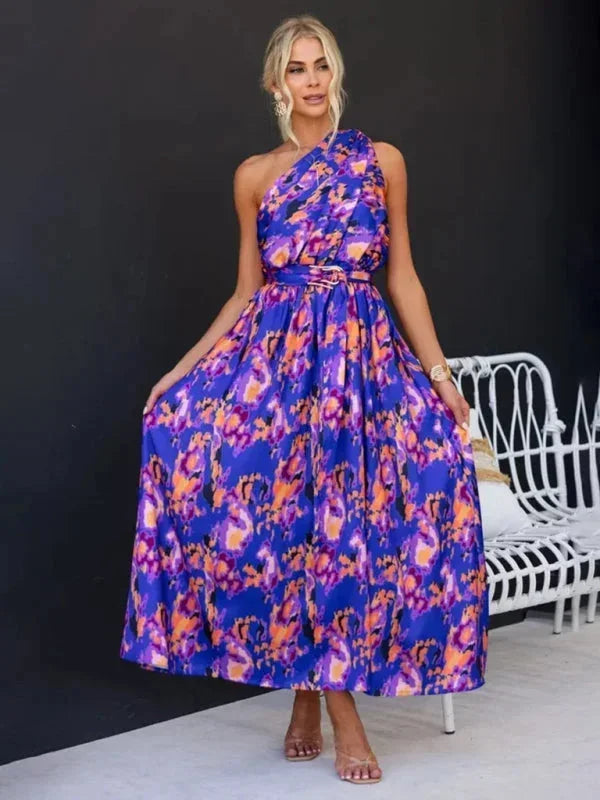 Vestido largo mujer de un Hombro con cinturón