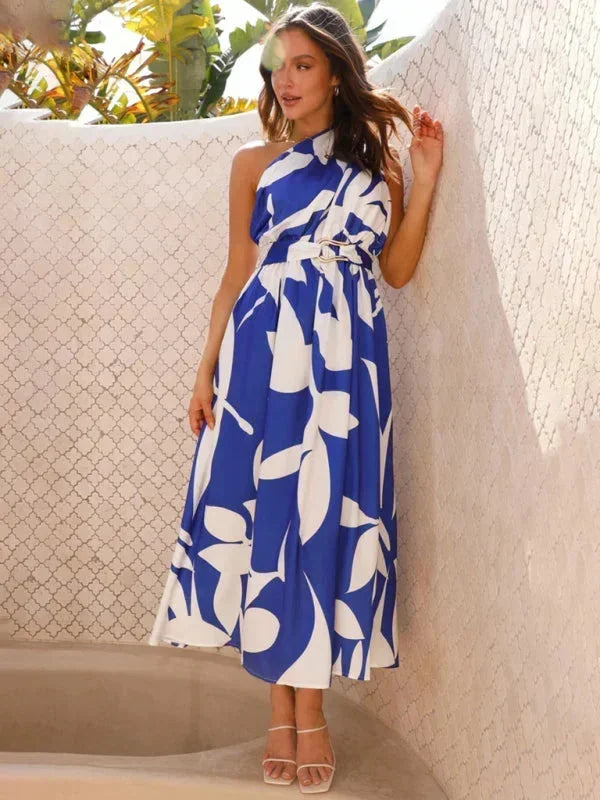 Vestido largo mujer de un Hombro con cinturón