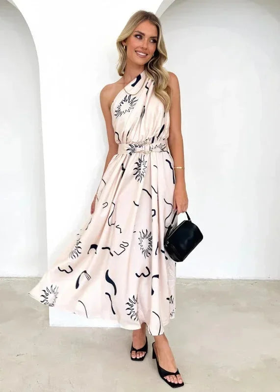 Vestido largo mujer de un Hombro con cinturón