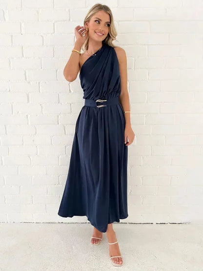Vestido largo mujer de un Hombro con cinturón