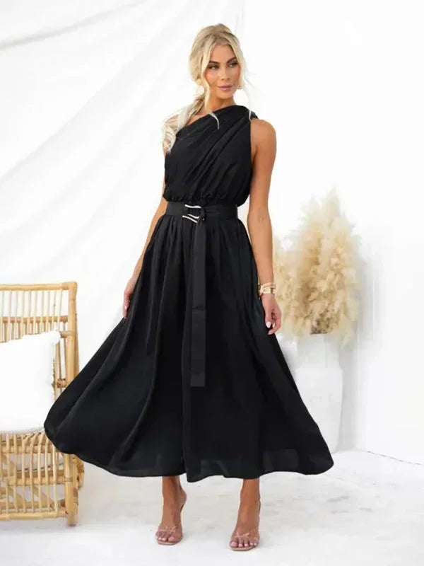 Vestido largo mujer de un Hombro con cinturón