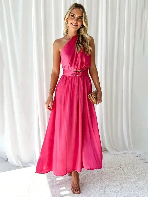 Vestido largo mujer de un Hombro con cinturón