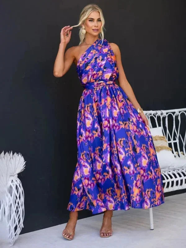 Vestido largo mujer de un Hombro con cinturón