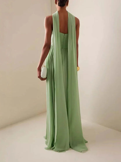 Vestido largo verde plisado con palabra de honor para mujer