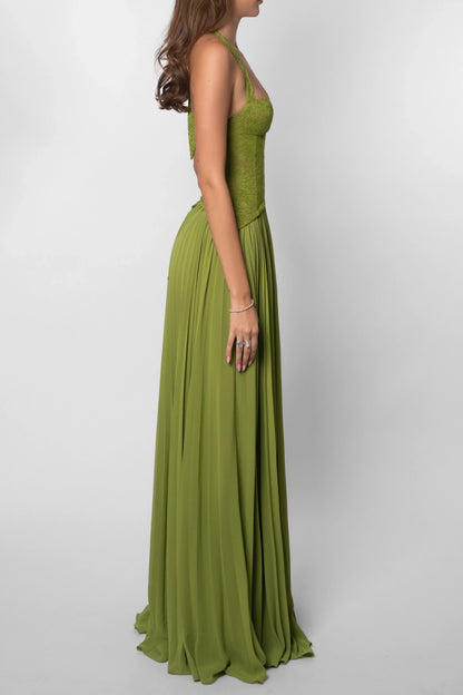 Vestido largo de mujer verde plisado con corsé