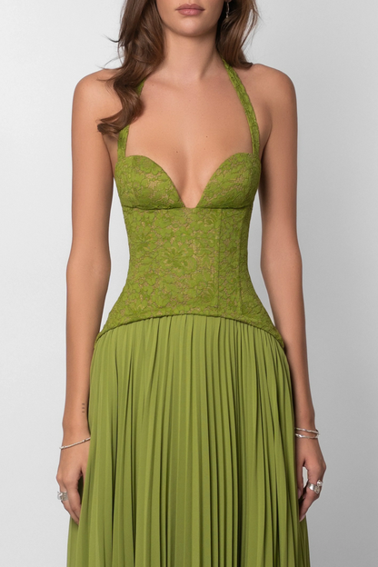 Vestido largo de mujer verde plisado con corsé