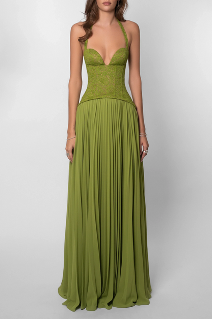 Vestido largo de mujer verde plisado con corsé