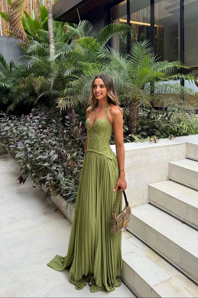 Vestido largo de mujer verde plisado con corsé
