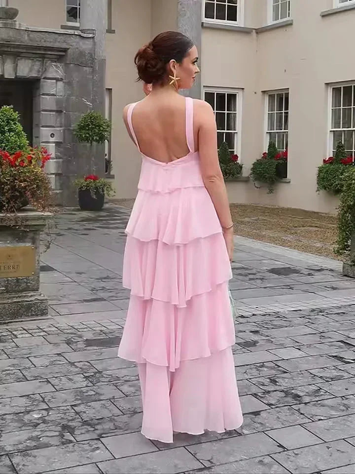 Vestido largo mujer con volantes y lazo