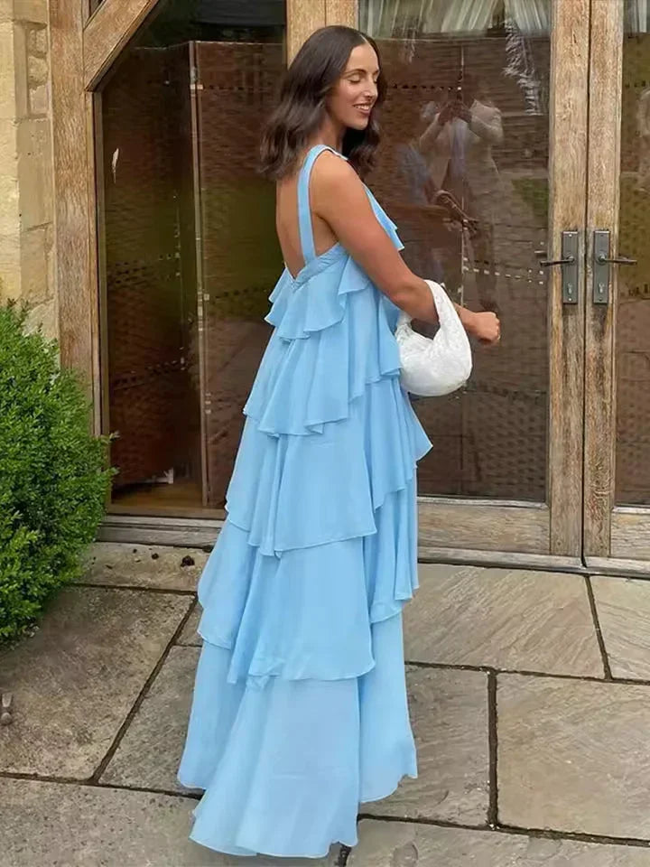 Vestido largo mujer con volantes y lazo