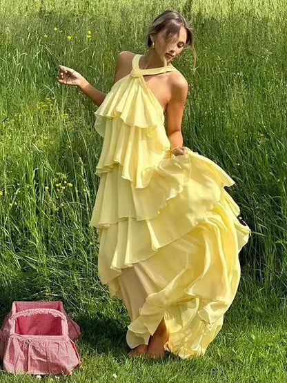 Vestido largo mujer con volantes y lazo