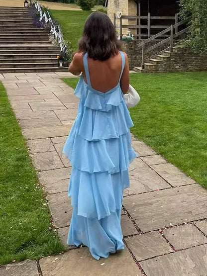 Vestido largo mujer con volantes y lazo