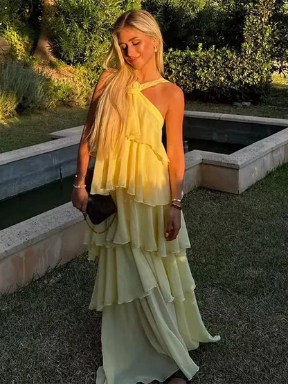 Vestido largo mujer con volantes y lazo