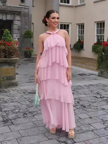Vestido largo mujer con volantes y lazo