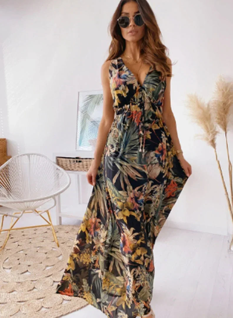 Vestido largo de mujer sin mangas con estampado tropical