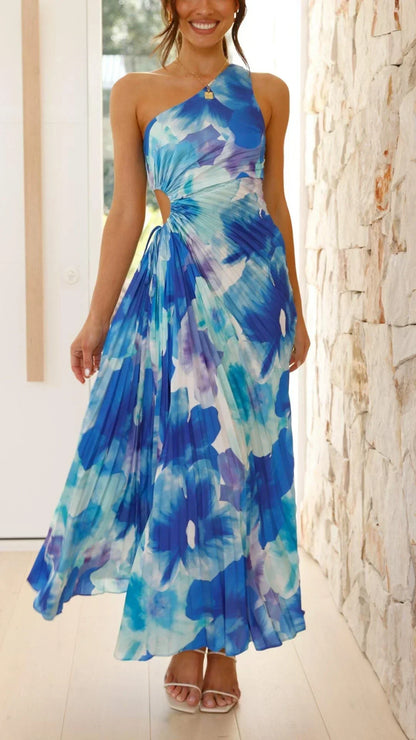Vestido largo floral azul un Hombro verano plisado