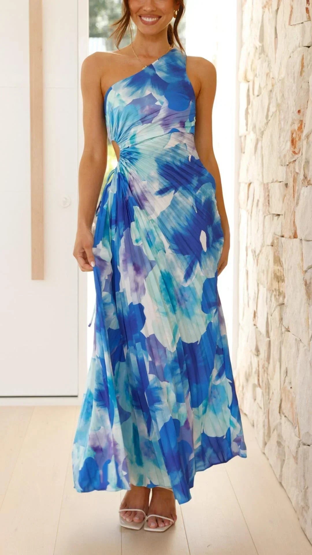 Vestido largo floral azul un Hombro verano plisado