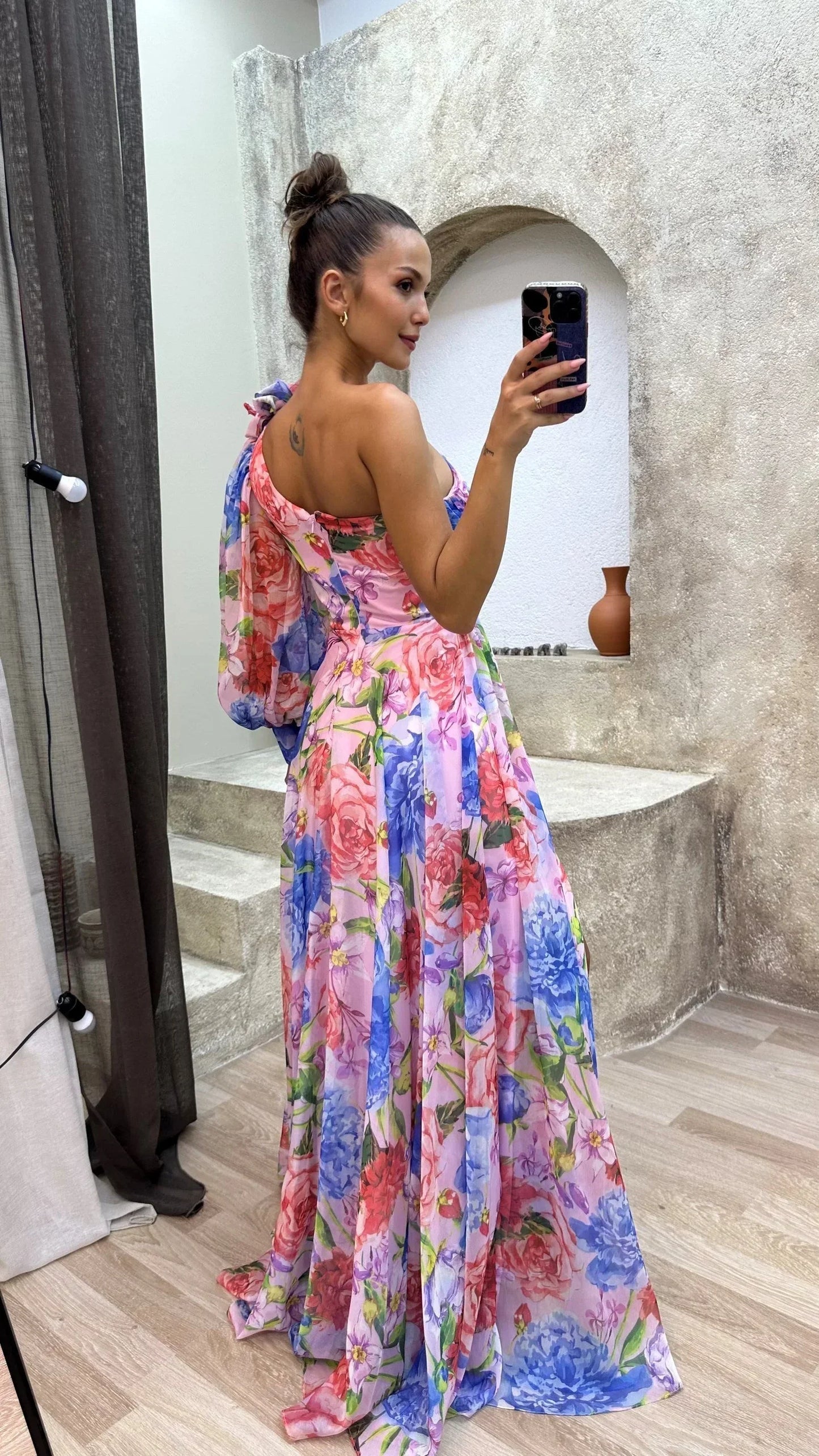 Vestido largo mujer de un Hombro floreado con abertura para noche