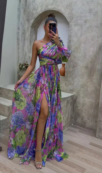 Vestido largo mujer de un Hombro floreado con abertura para noche