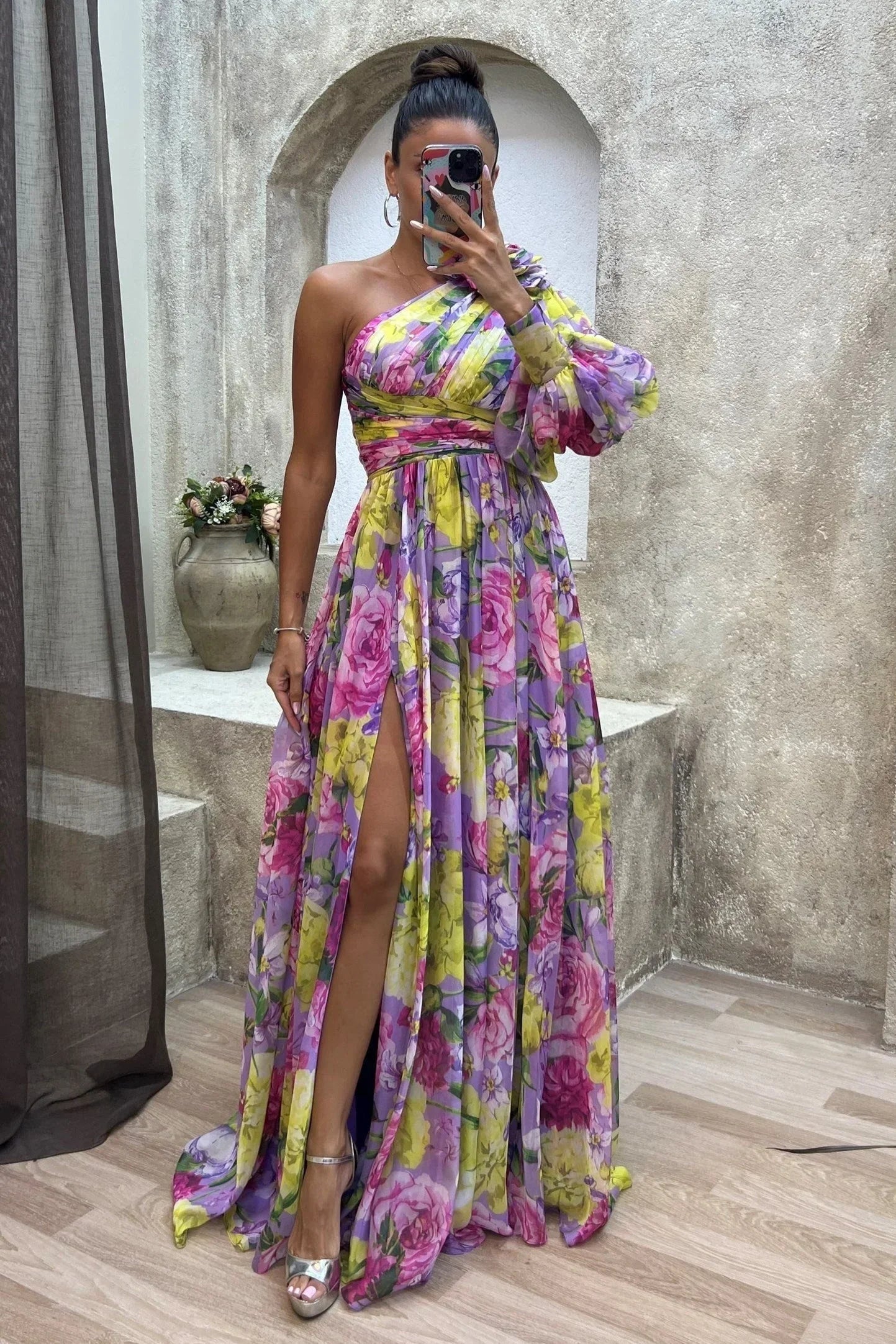 Vestido largo mujer de un Hombro floreado con abertura para noche