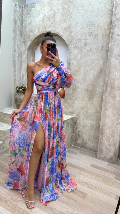 Vestido largo mujer de un Hombro floreado con abertura para noche